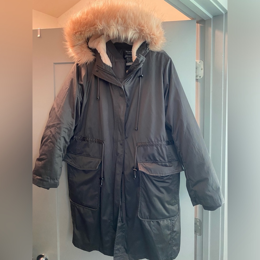 Torrid Grey with Pink Faux Fur Trim Hooded Puffer Coat
